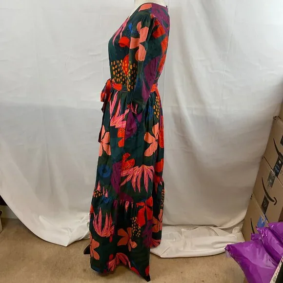 Maude Vivante Maxi Dress XS Half Sleeve Tie Waist Dark Green Pink Purple Red - Picture 10 of 15